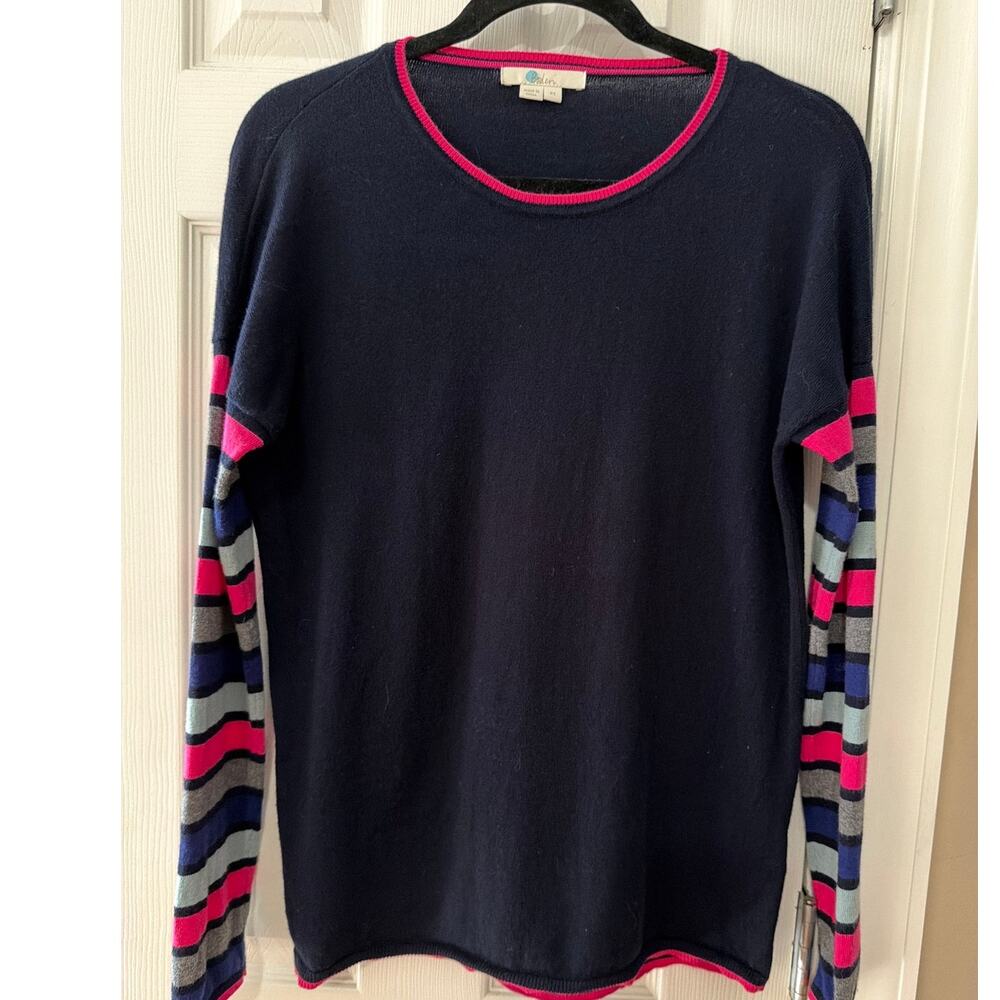 Boden Navy Wool Blend Sweater Striped Sleeves, Size XS
